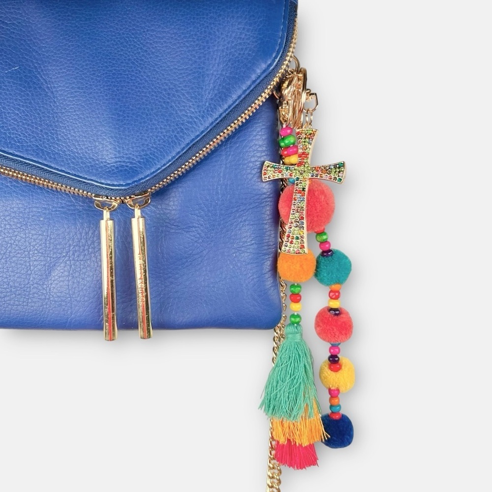 Bag Charm Cross and Tassel, Pom, and Beads, Gold and Multicolor